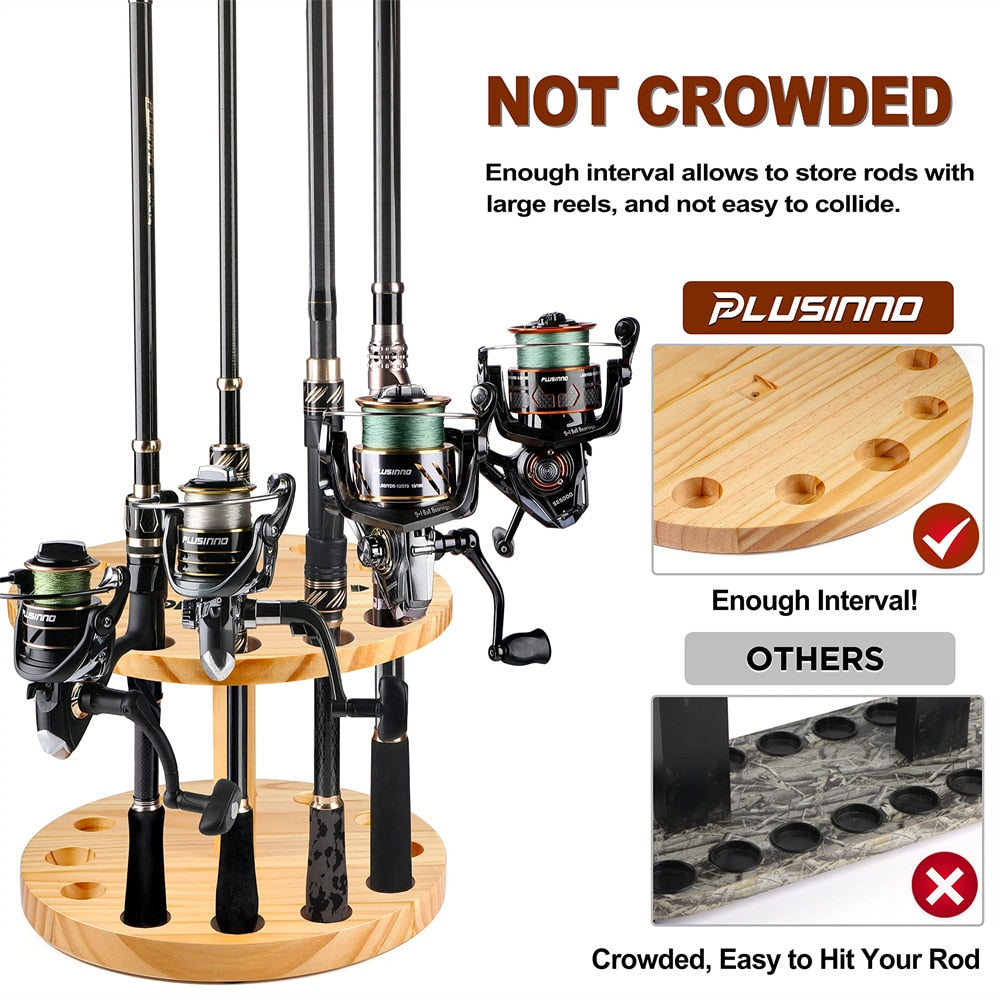 PLUSINNO V12 Fishing Rod Holders for Garage, Vertical Fishing Pole Holders  Wooden Round Storage Floor Stand, Fishing Rod/Pole Rack