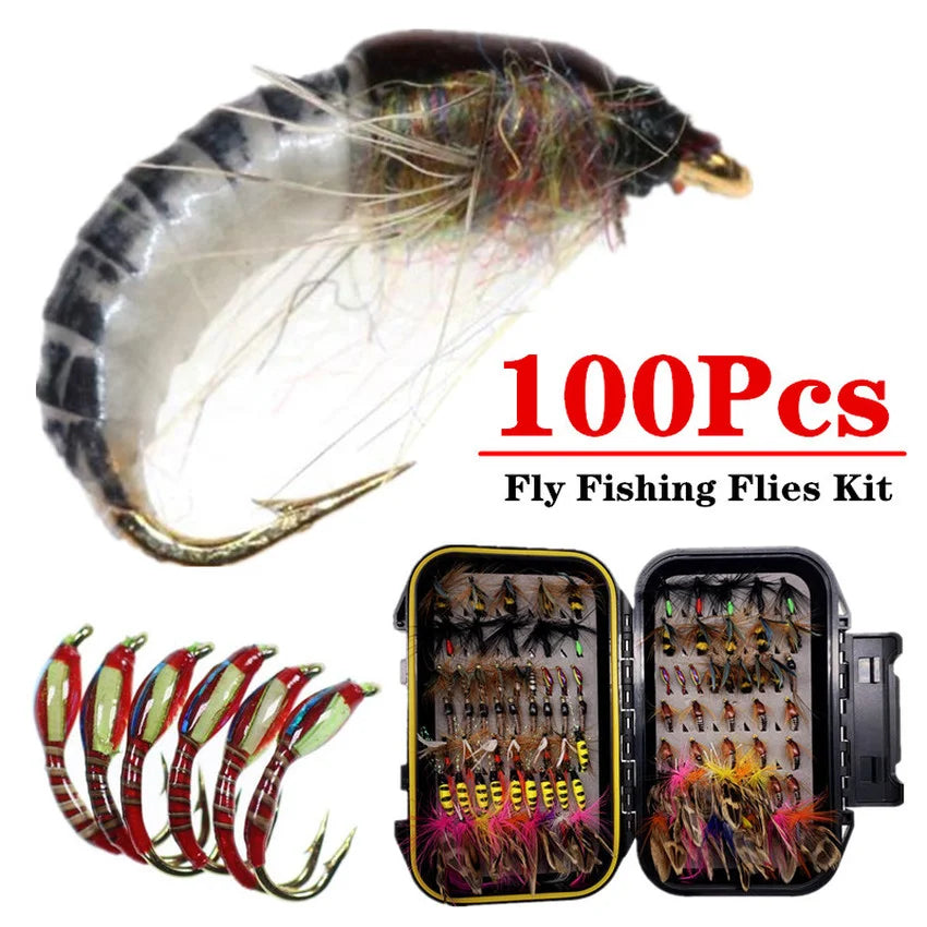 30-100Pcs Fly Fishing Dry/Wet Flies Kit
