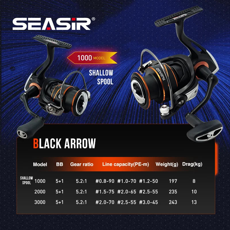 Seasir Black Arrow Spinning Reel 5+1BB 5.2:! Ratio Max Drag 8-13Kg